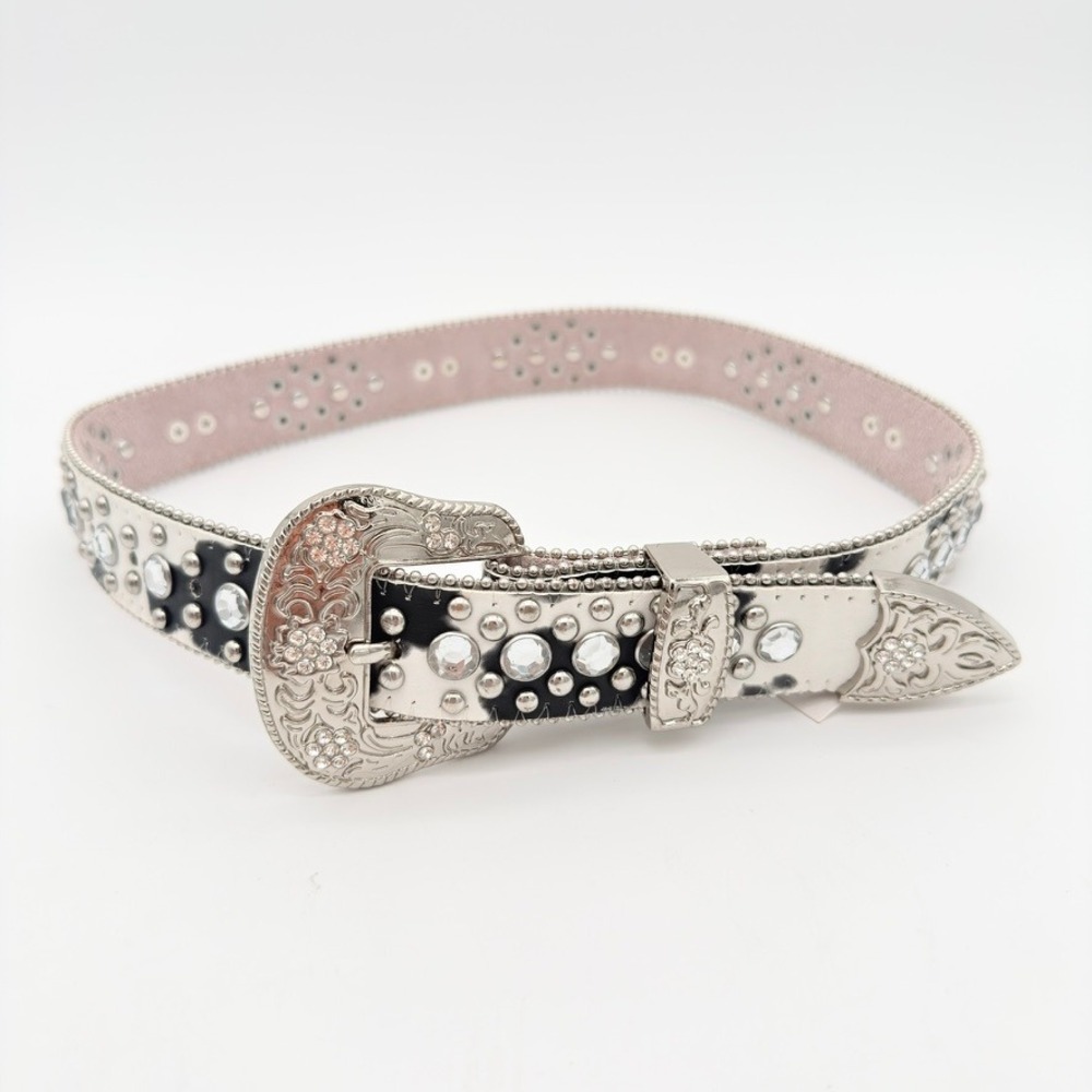 BHW 1372 Genuine Leather Cow Print Rhinestone Western Belt XS 23-27 - Picture 4 of 6